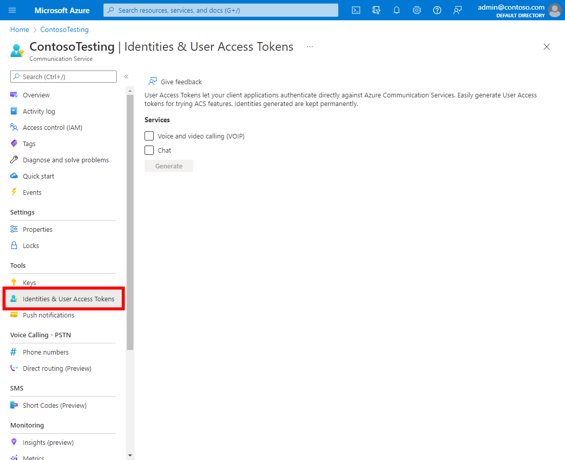 Screenshot of the Azure portal, showing the Identities & User Access Tokens menu option highlighted.
