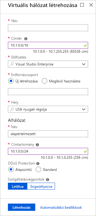 Screenshot of the Azure portal showing an example of the Create virtual network pane fields.