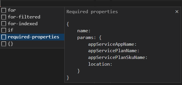 Képernyőkép a Visual Studio Code-ról, amely egy modul szükséges tulajdonságaival való állványozásának lehetőségét mutatja.