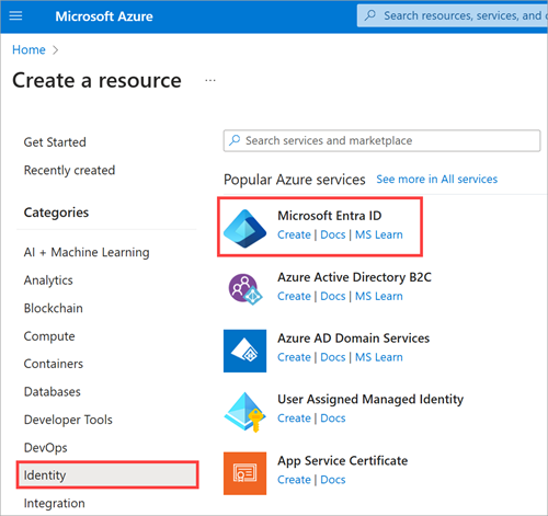 Képernyőkép a Microsoft Entra-azonosító azure-szolgáltatások alatti létrehozási hivatkozásával.