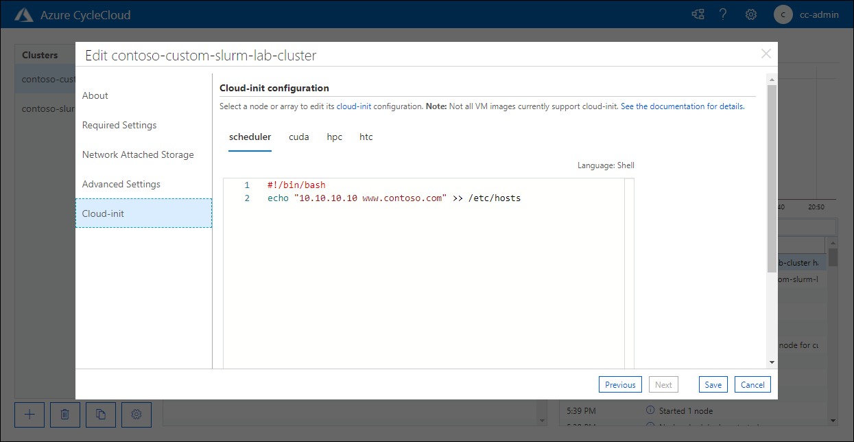 Képernyőkép az Azure CycleCloud webalkalmazásban a Cloud-init lapról a Contoso-custom-slurm-lab-cluster szerkesztési előugró ablakában.
