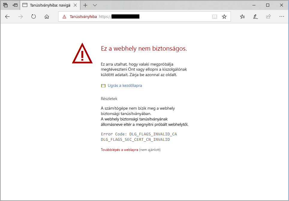 Screenshot of a warning about an unauthenticated server in Microsoft Edge.