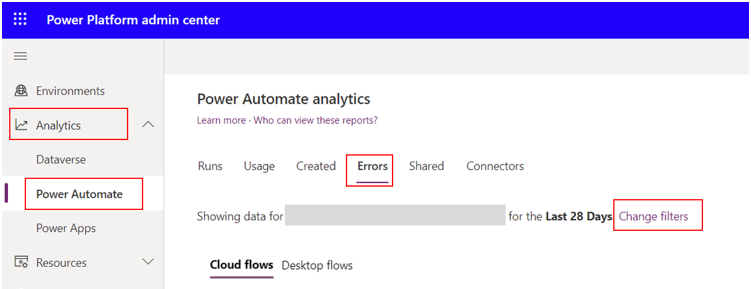 Screenshot of Microsoft Power Platform admin center on the Analytics Power Automate page Errors tab with the Change filters option highlighted.
