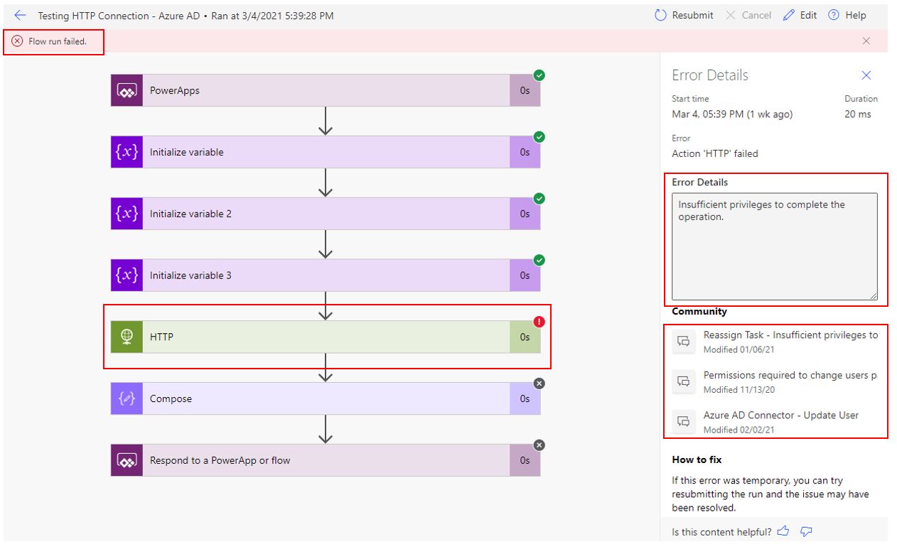 Screenshot of the error details in the browser showing which flow run failed and other details about the error.