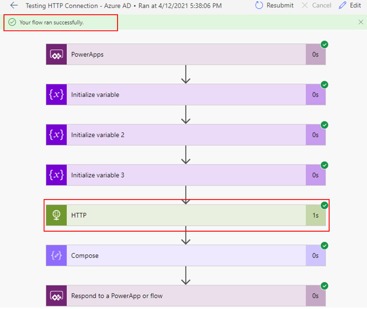 Screenshot of the flow with the message Your flow ran successfully.