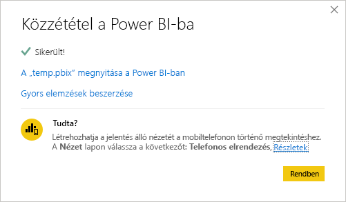 Képernyőkép a Közzététel a Power BI-ban sikeres üzenetről.