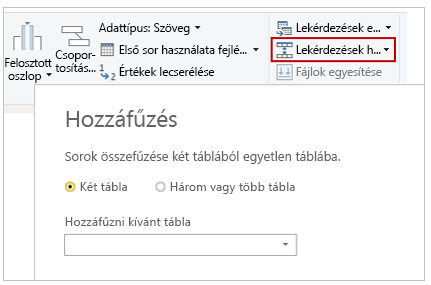 A Lekérdezések összefűzése gomb és párbeszédpanel képernyőképe.