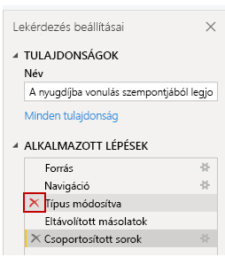 Képernyőkép a lépéseknek a Végrehajtott lépések területen elvégezhető visszavonásáról.