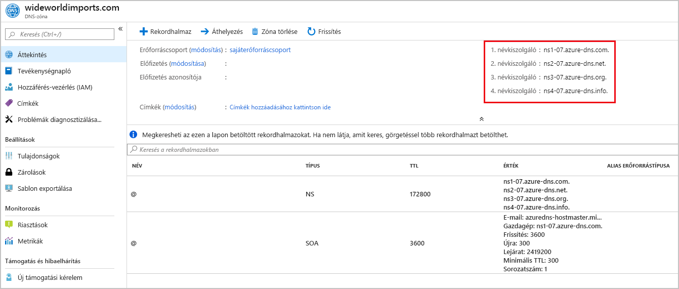 Screenshot of the name server details on the DNS zone page.