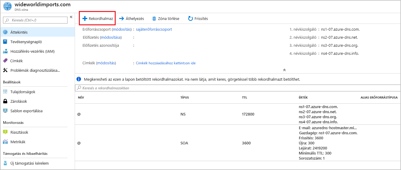 Rekordhalmaz hozzáadásának képernyőképe.
