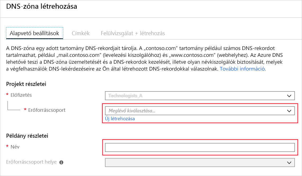 Képernyőkép a DNS-zóna létrehozása lapról.