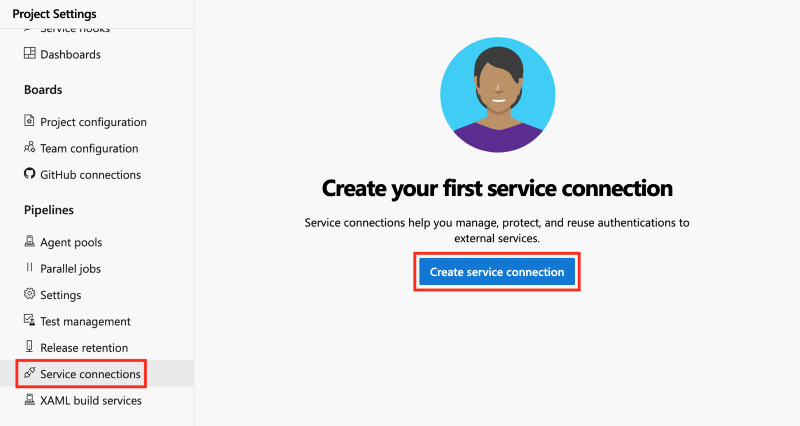 Screenshot of Azure DevOps that shows the 'Create service connection' page, with the 'Create service connection' button highlighted.