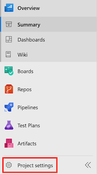 Screenshot of Azure DevOps that shows the menu, with the 'Project settings' item highlighted.