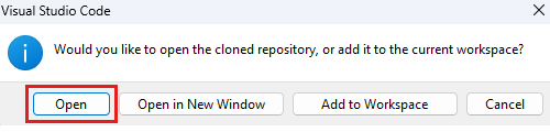 Képernyőkép a Visual Studio Code-ról, amely a klónozott adattár megnyitására vonatkozó utasításokat jeleníti meg, kiemelve a Megnyitás gombot.