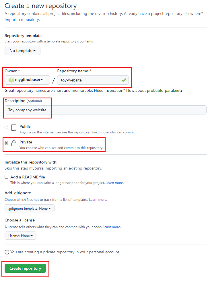 Screenshot of the GitHub interface that shows the configuration for the repository to create.