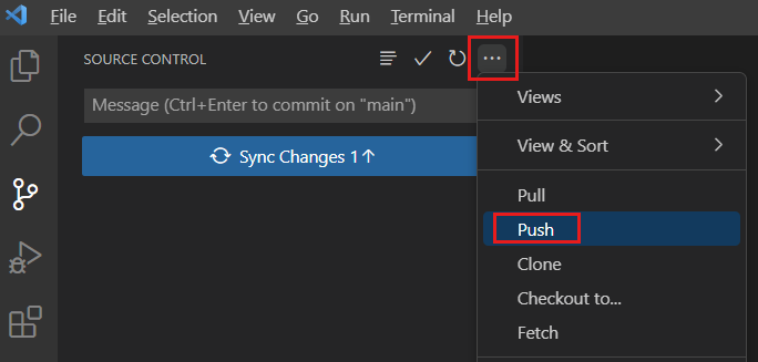 Képernyőkép a Visual Studio Code-ról, amely a Forrásvezérlő menüt jeleníti meg, kiemelve a Leküldés menüelemet.