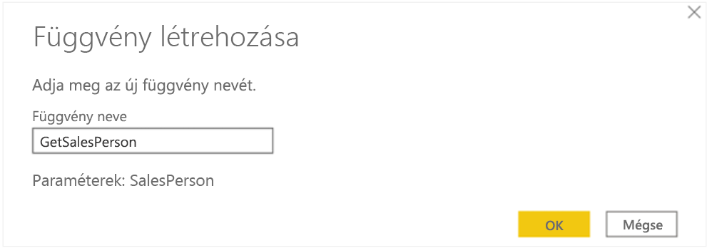 A Függvény létrehozása lehetőség kiválasztásának ablaka