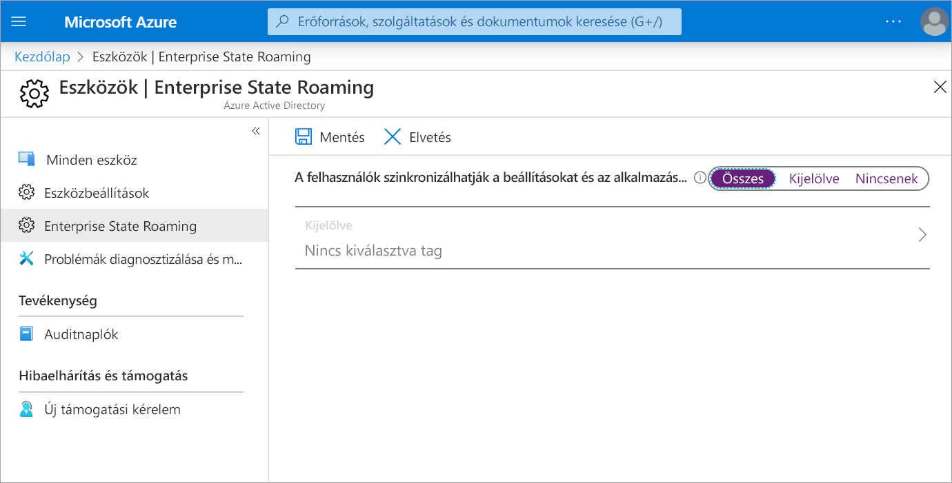 Screenshot of Enterprise State Roaming options in the Azure portal.