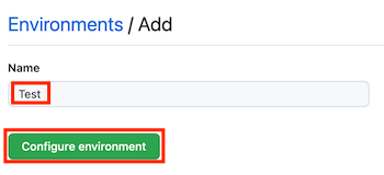 Képernyőkép egy Teszt nevű új környezet GitHub-oldaláról a Környezet konfigurálása gombbal.