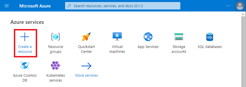 Képernyőkép az Azure Portalról. Az Erőforrás létrehozása lehetőség ki van emelve.