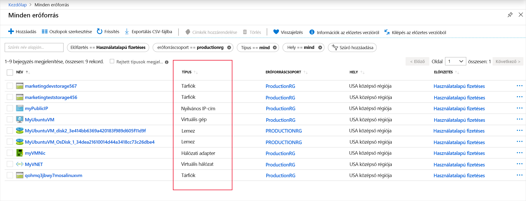 Screenshot that shows the resource type column on the All resources page.