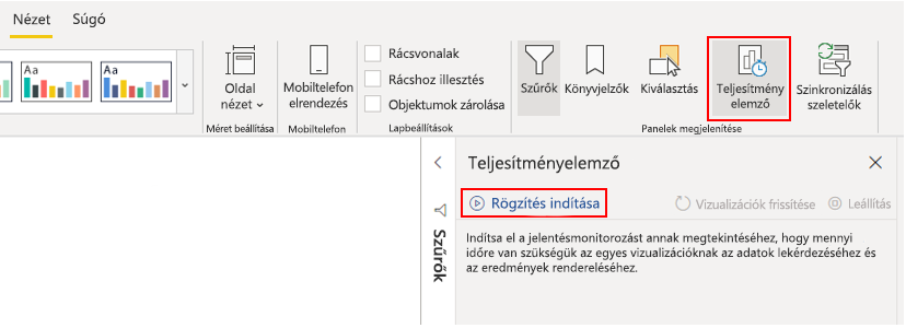 Képernyőkép Teljesítményelemző kezdőképernyőről.
