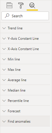 A képen az Elemzés panel látható. A szakaszok közé tartozik a Trend vonal és sok más vonaltípus.