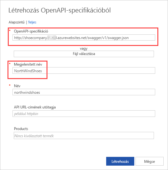 Screenshot of create from OpenAPI specification import settings with OpenAPI specification and display name fields highlighted.