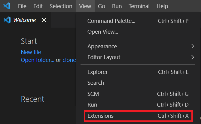 Screenshot of the menu option for the Extensions view.