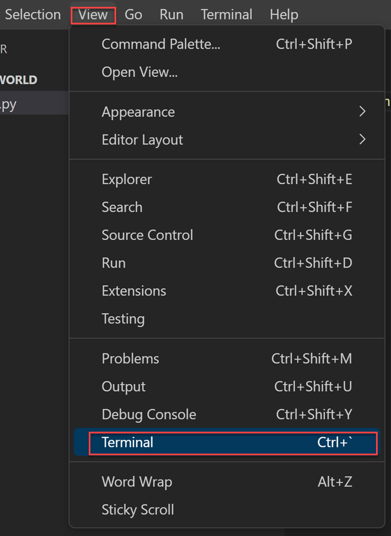 Screenshot of view menu with Terminal highlighted.
