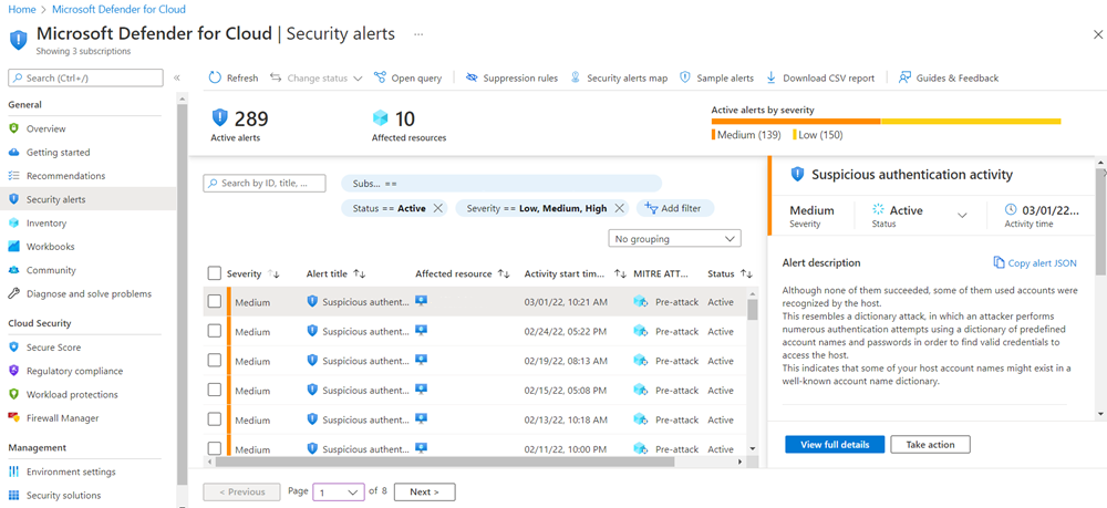 Screenshot that shows the security alert details pane.