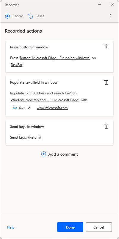 Screenshot of steps captured by the Recorder.