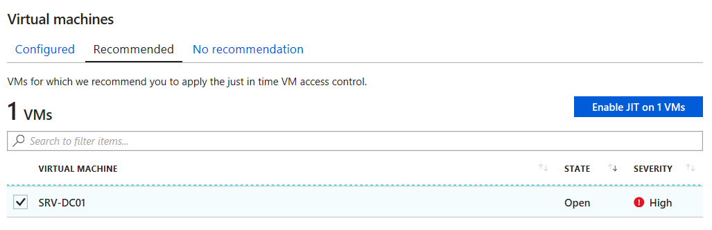 Screenshot that depicts how you can enable JIT VM Access for a selected VM.