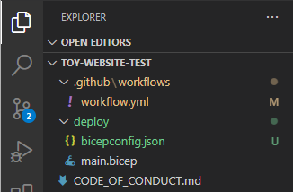 Képernyőkép a Visual Studio Code Explorerről az üzembe helyezési mappában látható új fájllal.