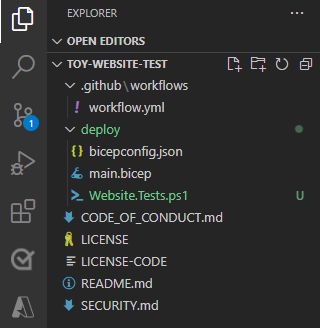 Képernyőkép a Visual Studio Code Explorerről az üzembe helyezési mappával és a tesztfájllal.