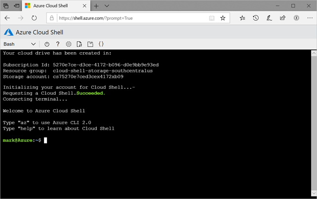 Screenshot of an Azure Cloud Shell instance using Bash within a Microsoft Edge browser window.