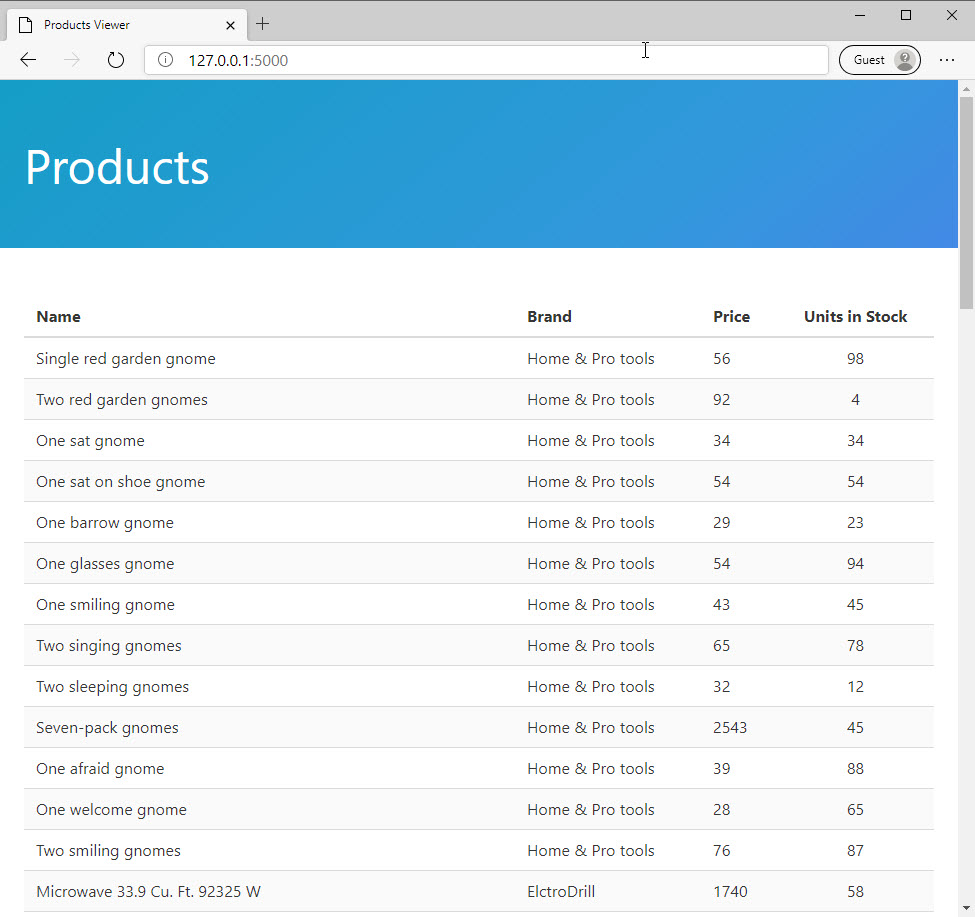 A termékek irányítópultja Python-alkalmazás képernyőképe.
