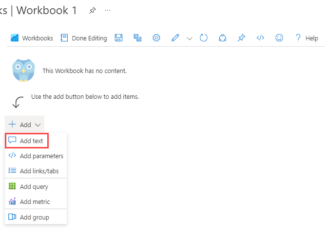 Screenshot that shows the Add text button in an Azure workbook.