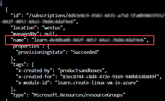 Screenshot of Cloud Shell displaying resource group name for sandbox.