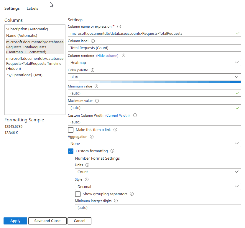 Screenshot that shows setting the colors in a grid using the heatmap setting in Azure Workbooks.