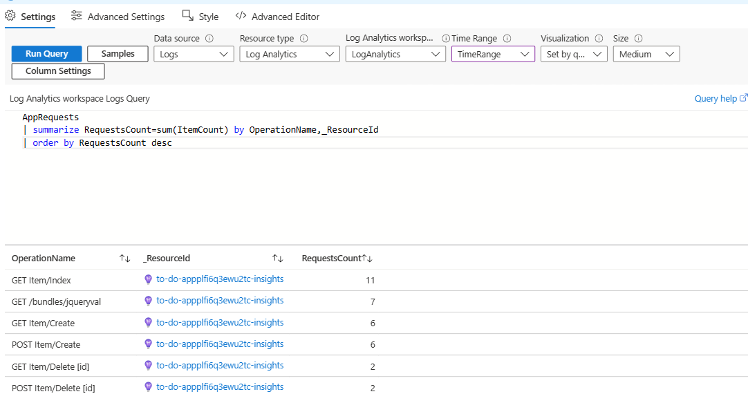Screenshot that shows a query for the number of requests to a web app in an Azure Workbooks.