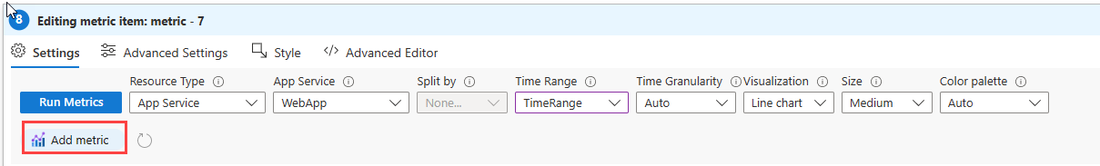 Screenshot that shows the metric settings for a web app in Azure Workbooks.