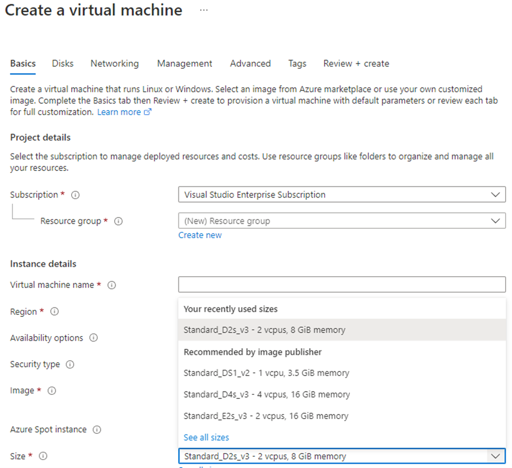 Screenshot of Azure virtual machine settings showing the virtual machine size options.