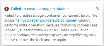 Screenshot of the Failed to create storage container error message.