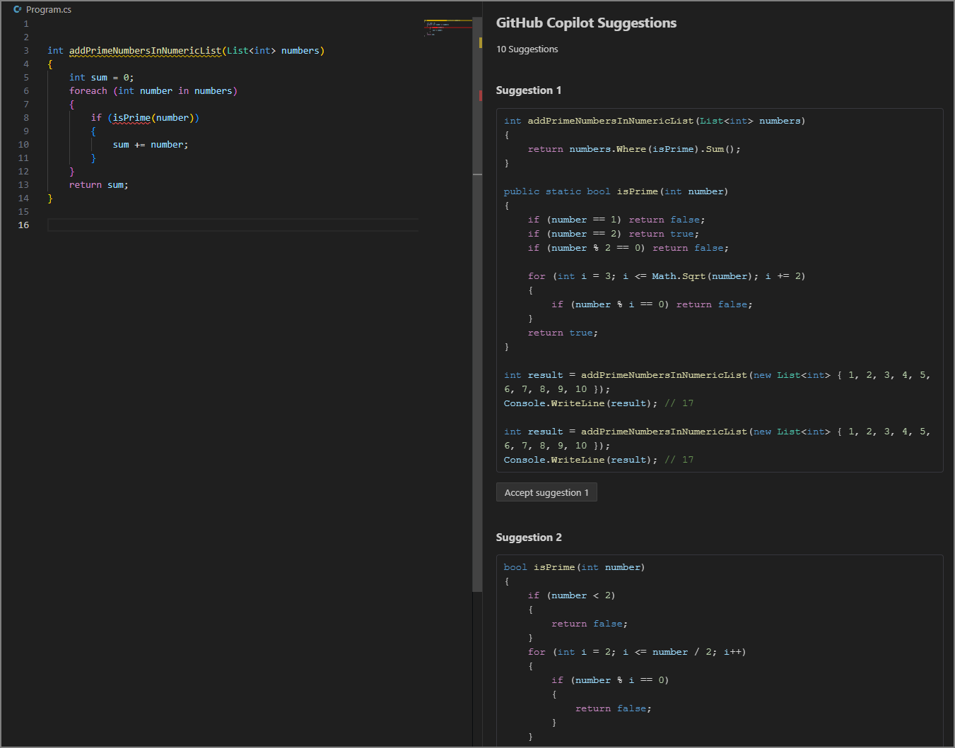 Képernyőkép a GitHub Copilot Javaslatok fülről.