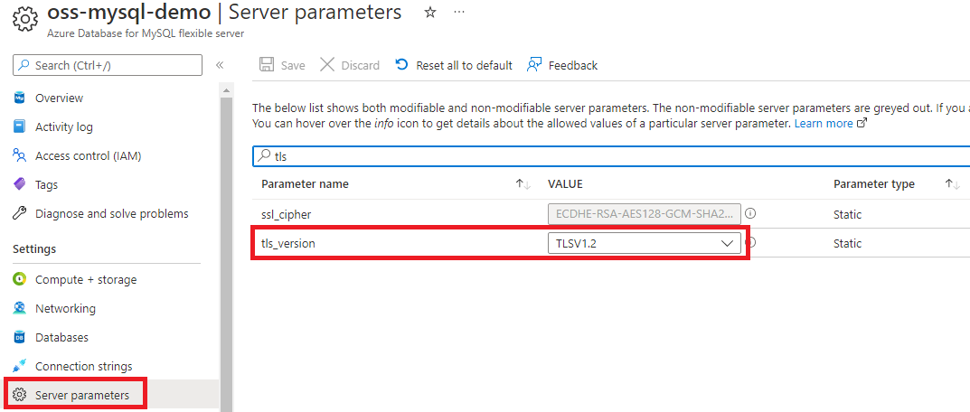Screenshot showing the server parameter tls_version page.