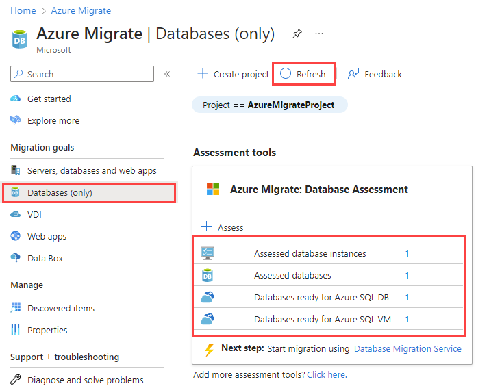 Képernyőkép az Azure Migrate: Database Assessment eredményeiről az értékelési jelentés feltöltése után.