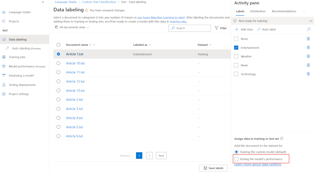 A screenshot of Language Studio showing selecting a document to add to the test set.