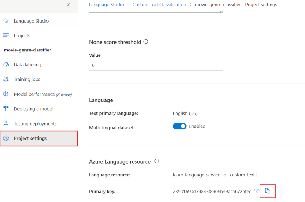 A screenshot showing where to copy the primary key for language services from.