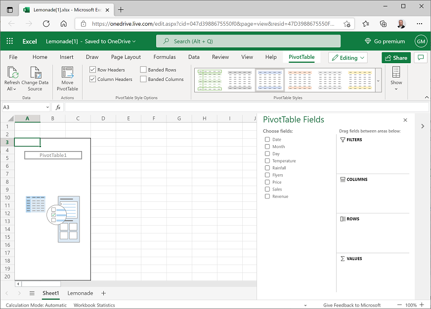 Képernyőkép egy üres kimutatástábláról az Excel Online-ban.
